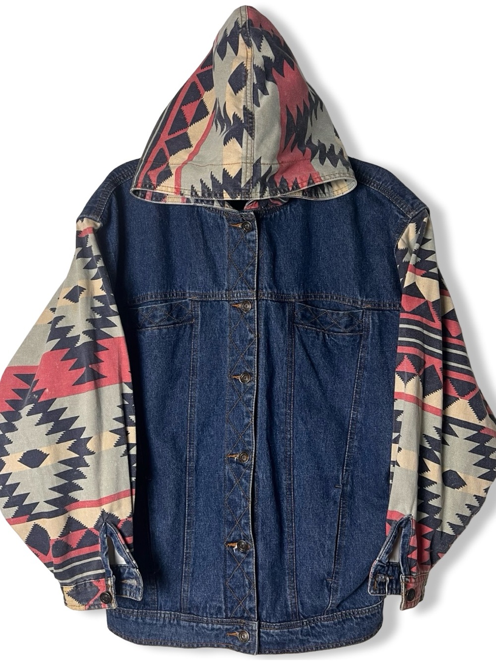Lavon‎ VTG Womens Denim Jacket Southwestern Aztec Print Hooded Jean Jacket 90s M